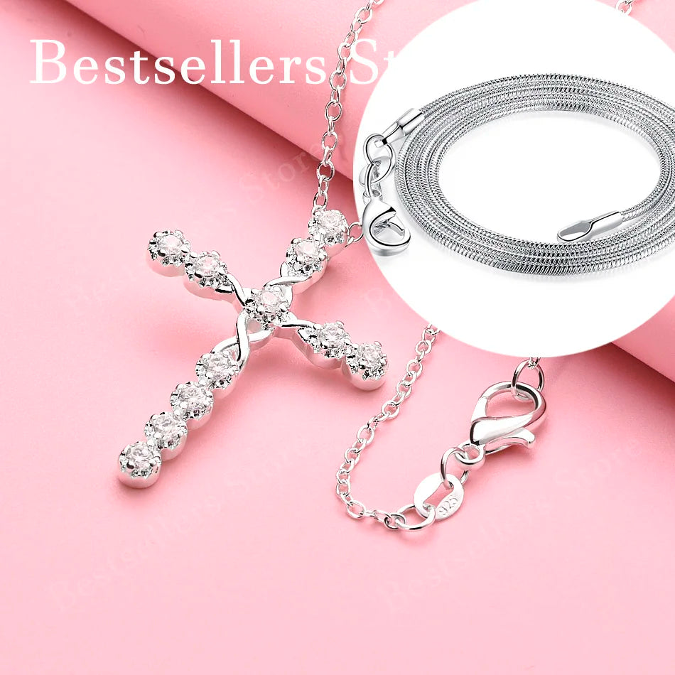 Silver Zircon Cross Necklace