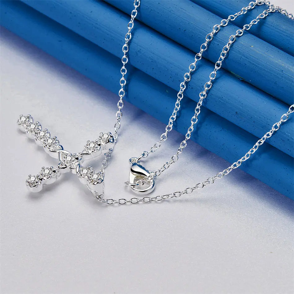 Silver Zircon Cross Necklace